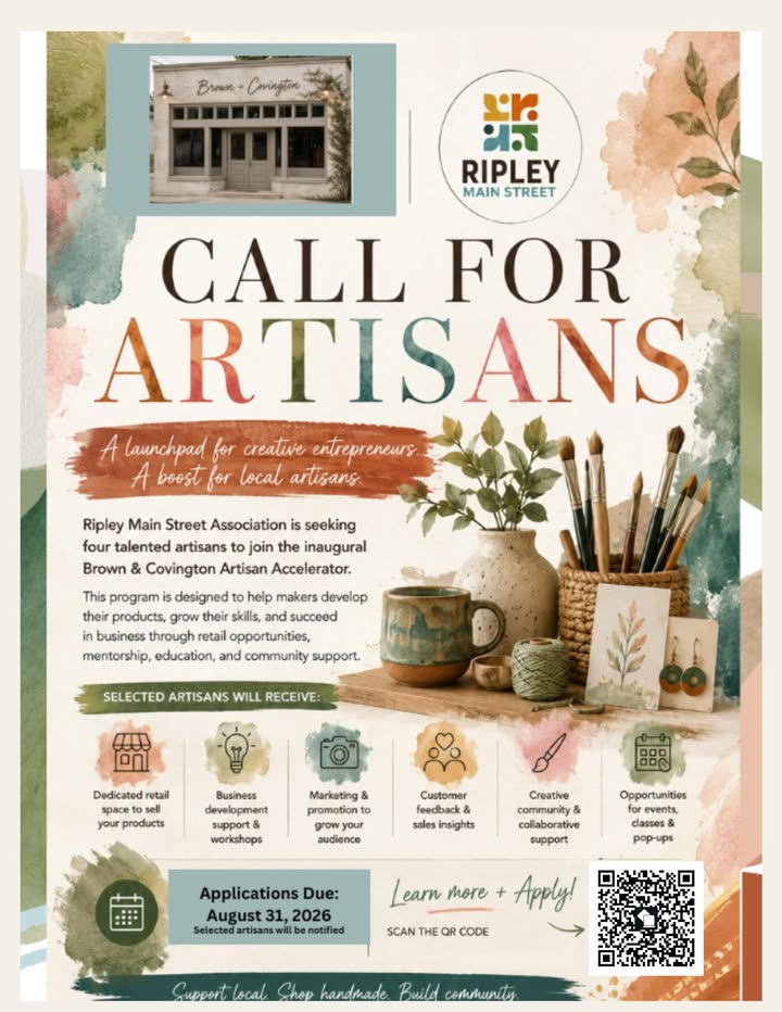 Ripley Main Street Launches Brown & Covington Artisan Accelerator, Seeking Four Creative Entrepreneurs