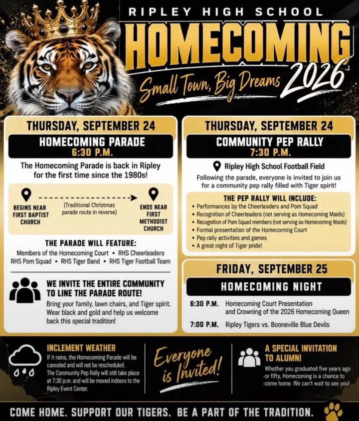 Ripley High School Homecoming 2026 event flyer listing the Sept. 24 parade and pep rally and Sept. 25 football game