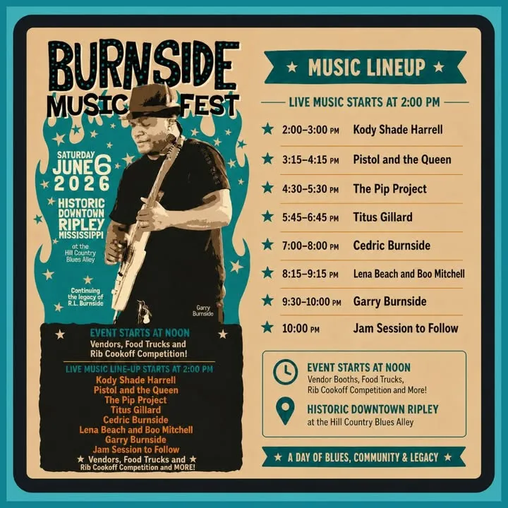 Burnside Music Fest Lineup Announced: A Full Day of Blues, Food, and Community in Historic Downtown Ripley